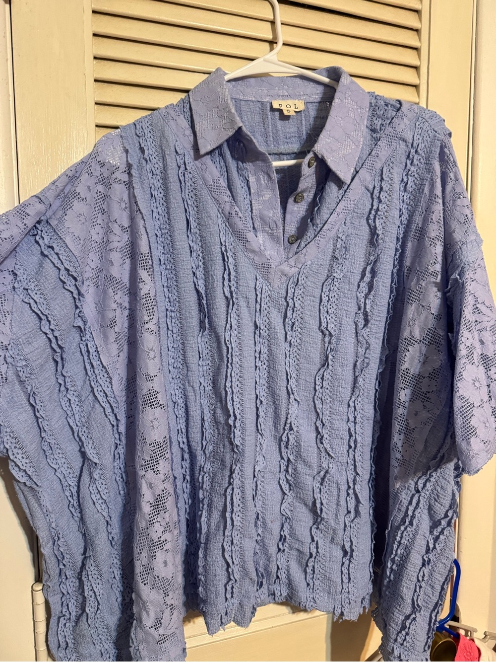 POL Light Blue Lace-Textured Henley Pullover